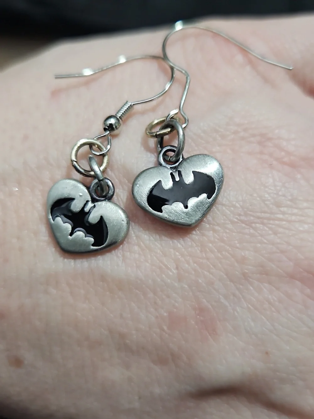 DC Comics Batman Heart Dangle Earrings Silver Tone
